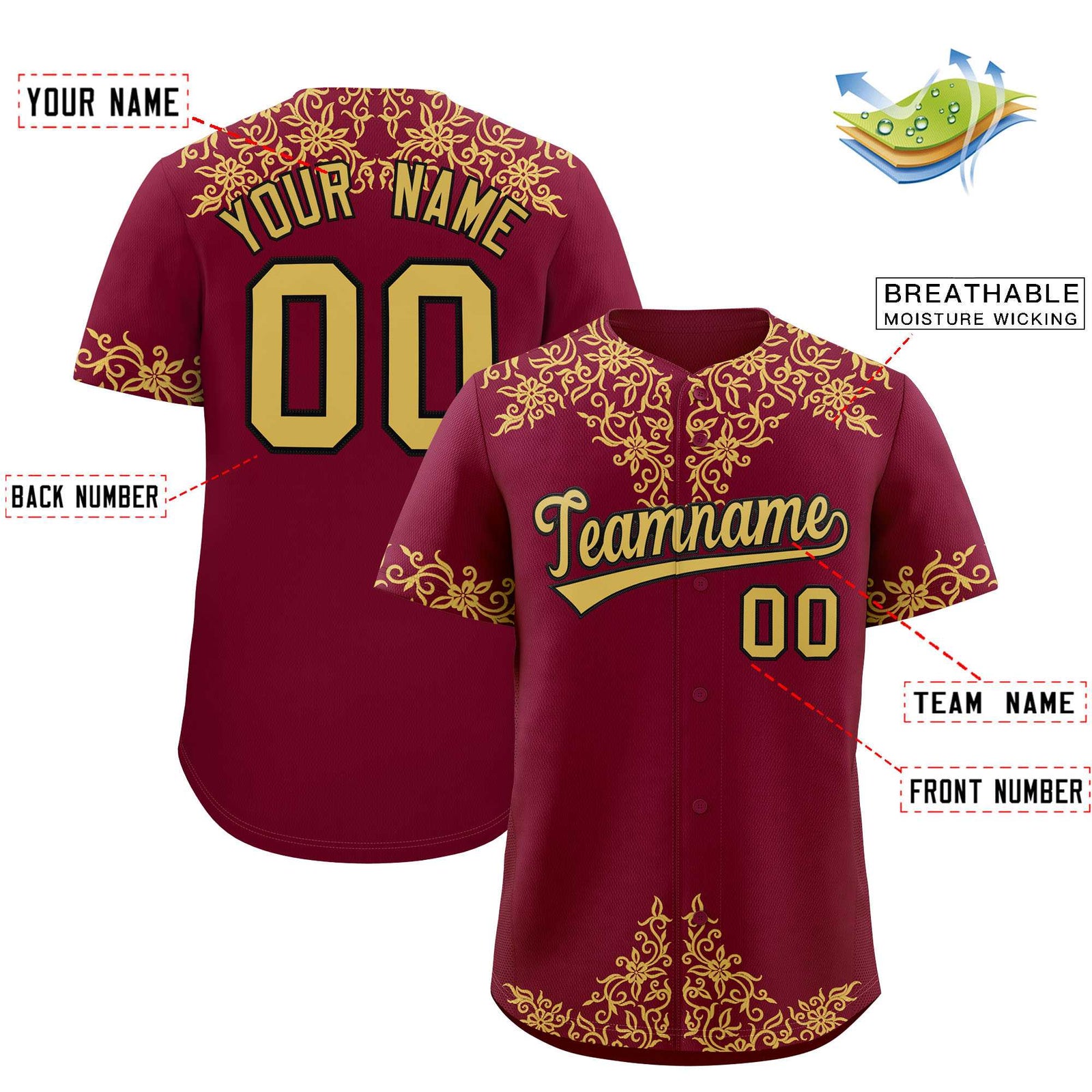 Custom Crimson Old Gold Baroque Style Personalized Baseball Jersey
