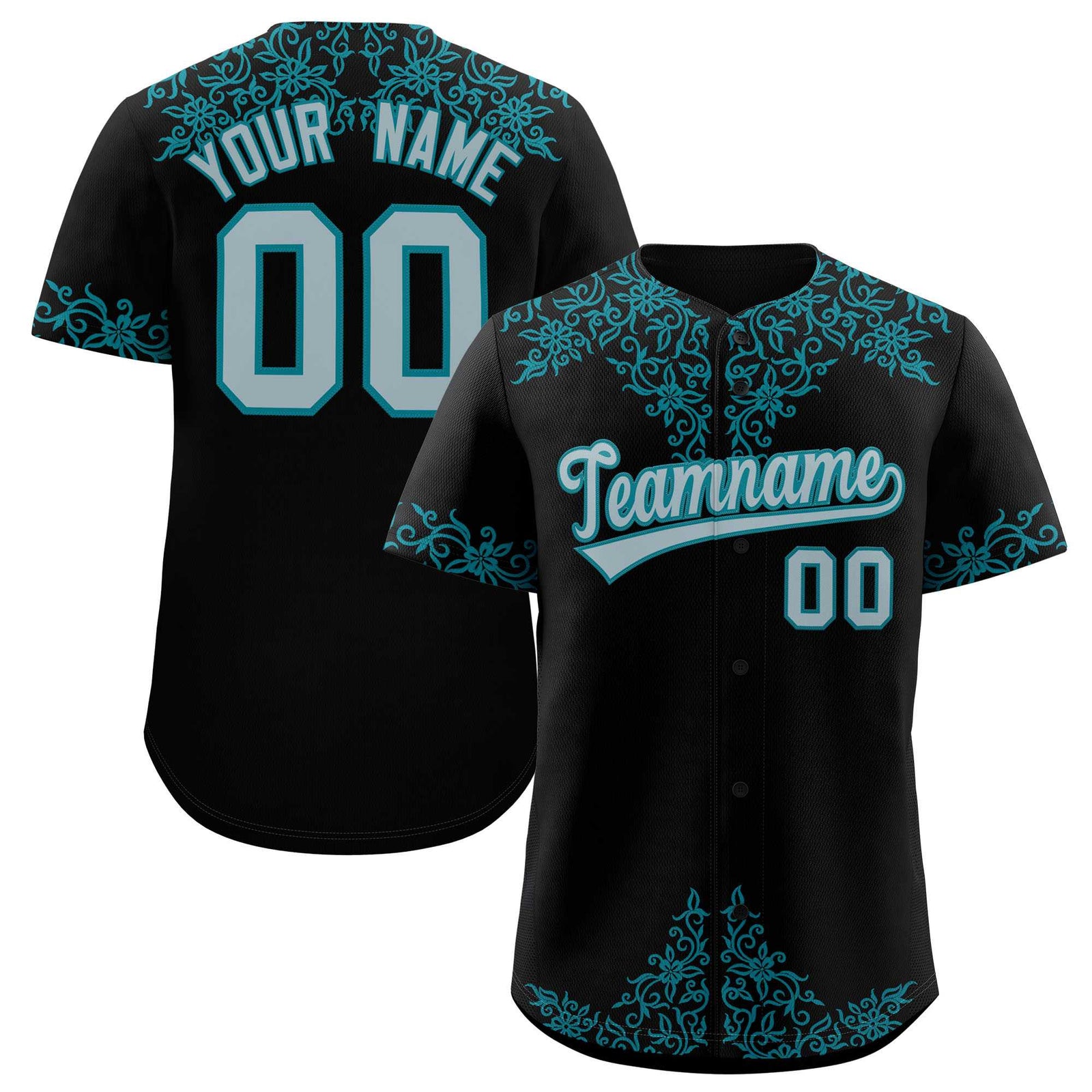 Custom Black Teal Baroque Style Personalized Baseball Jersey