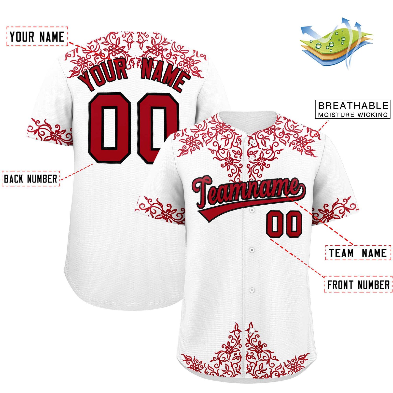 Custom White Red Baroque Style Personalized Baseball Jersey