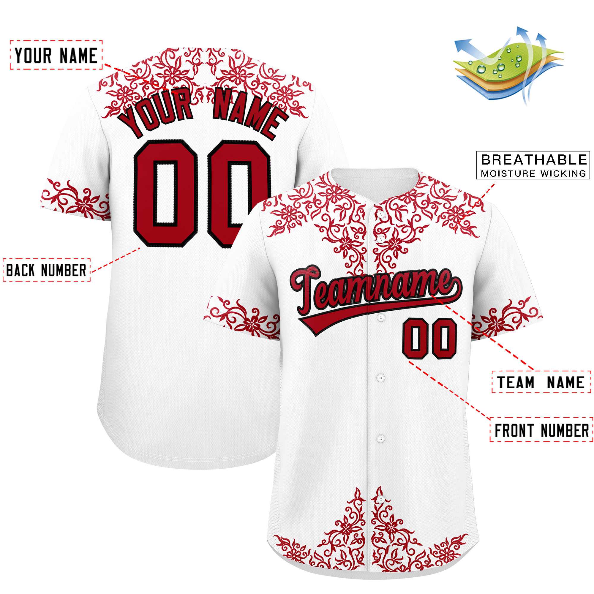 Custom White Red Baroque Style Personalized Baseball Jersey