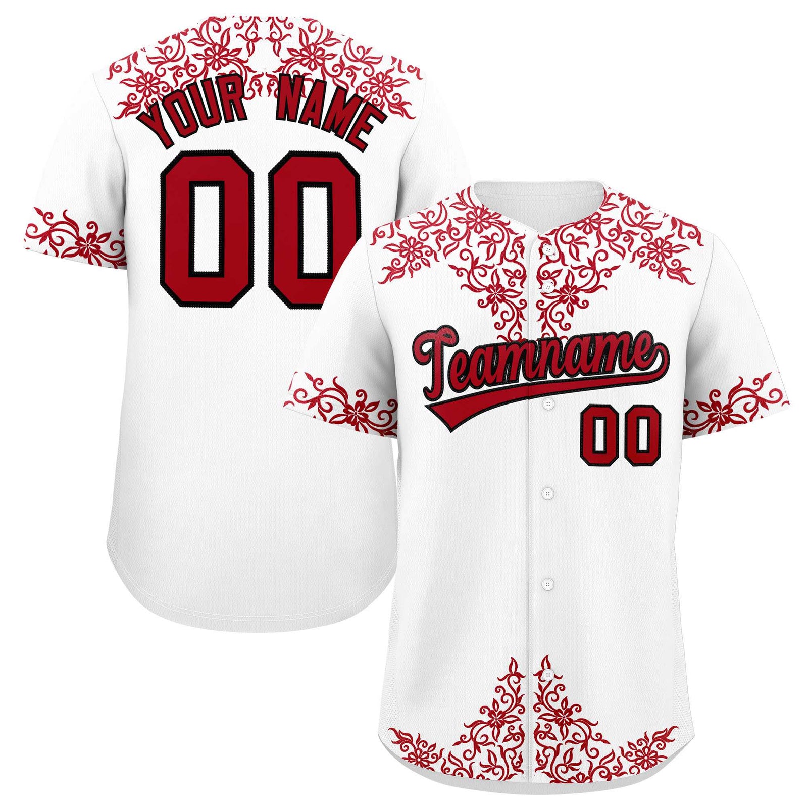 Custom White Red Baroque Style Personalized Baseball Jersey