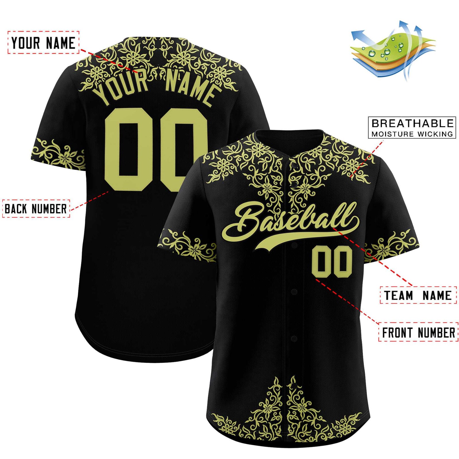 Custom Black Champagne Baroque Style Personalized Baseball Jersey
