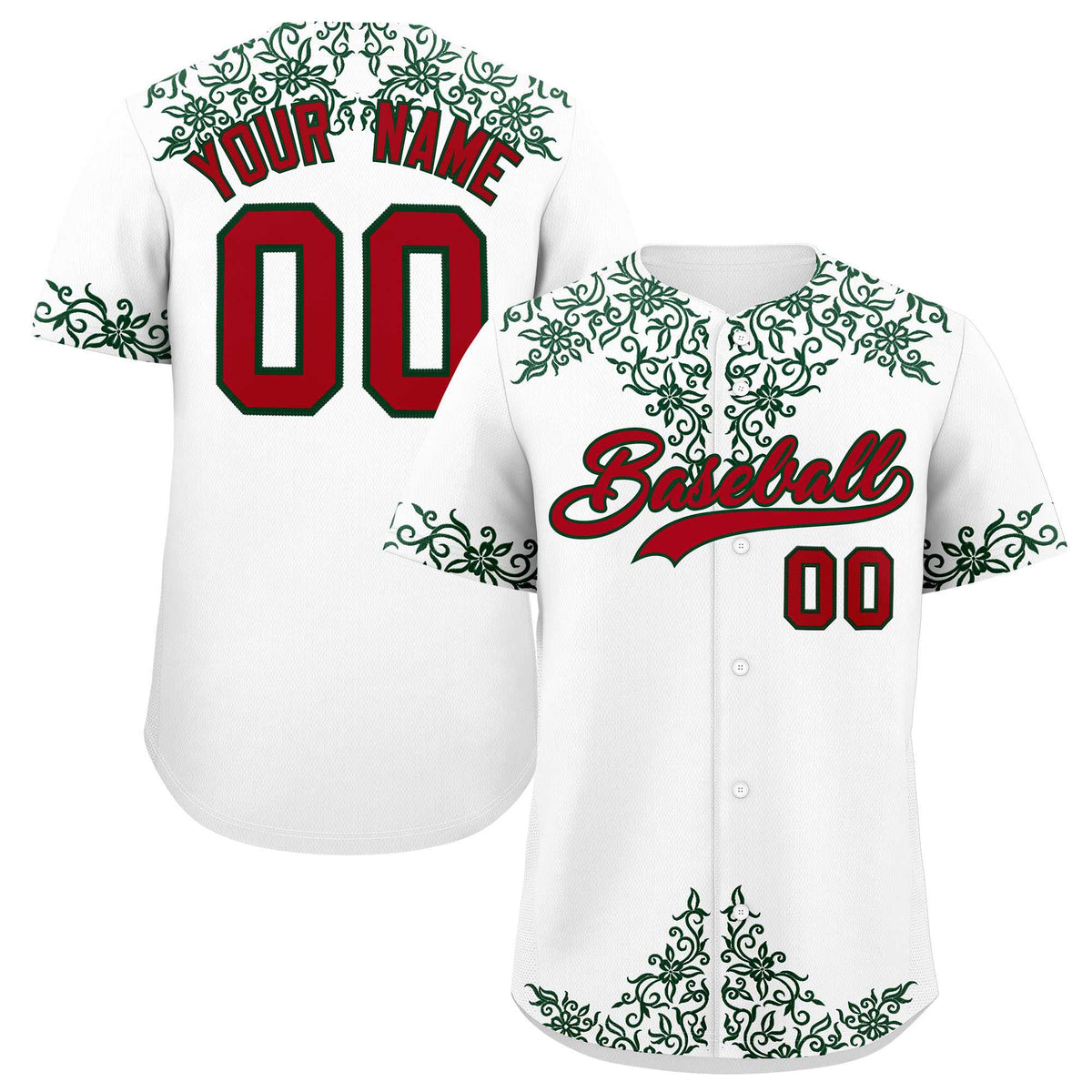 Custom White Green Baroque Style Personalized Baseball Jersey