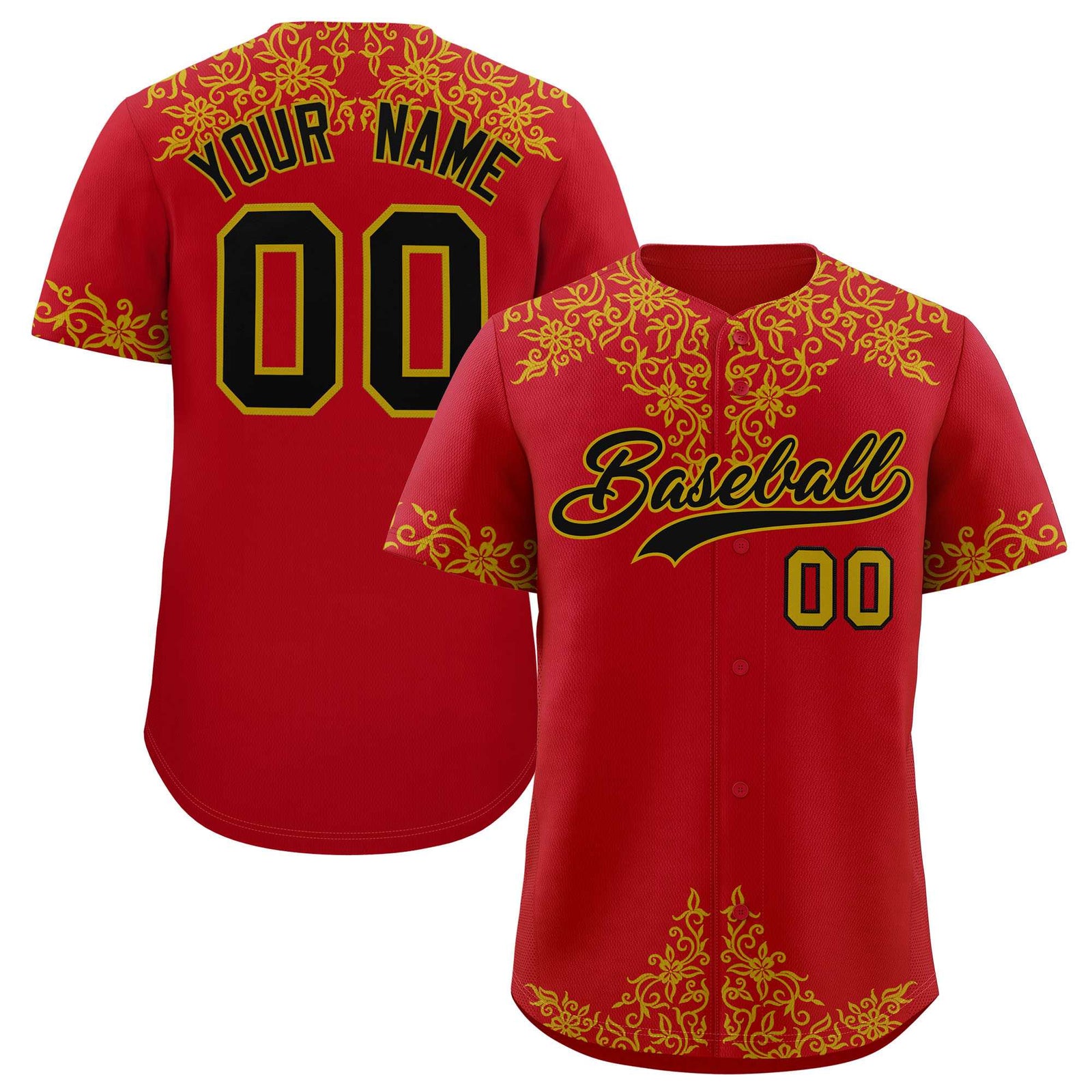 Custom Red Old Gold Baroque Style Personalized Baseball Jersey