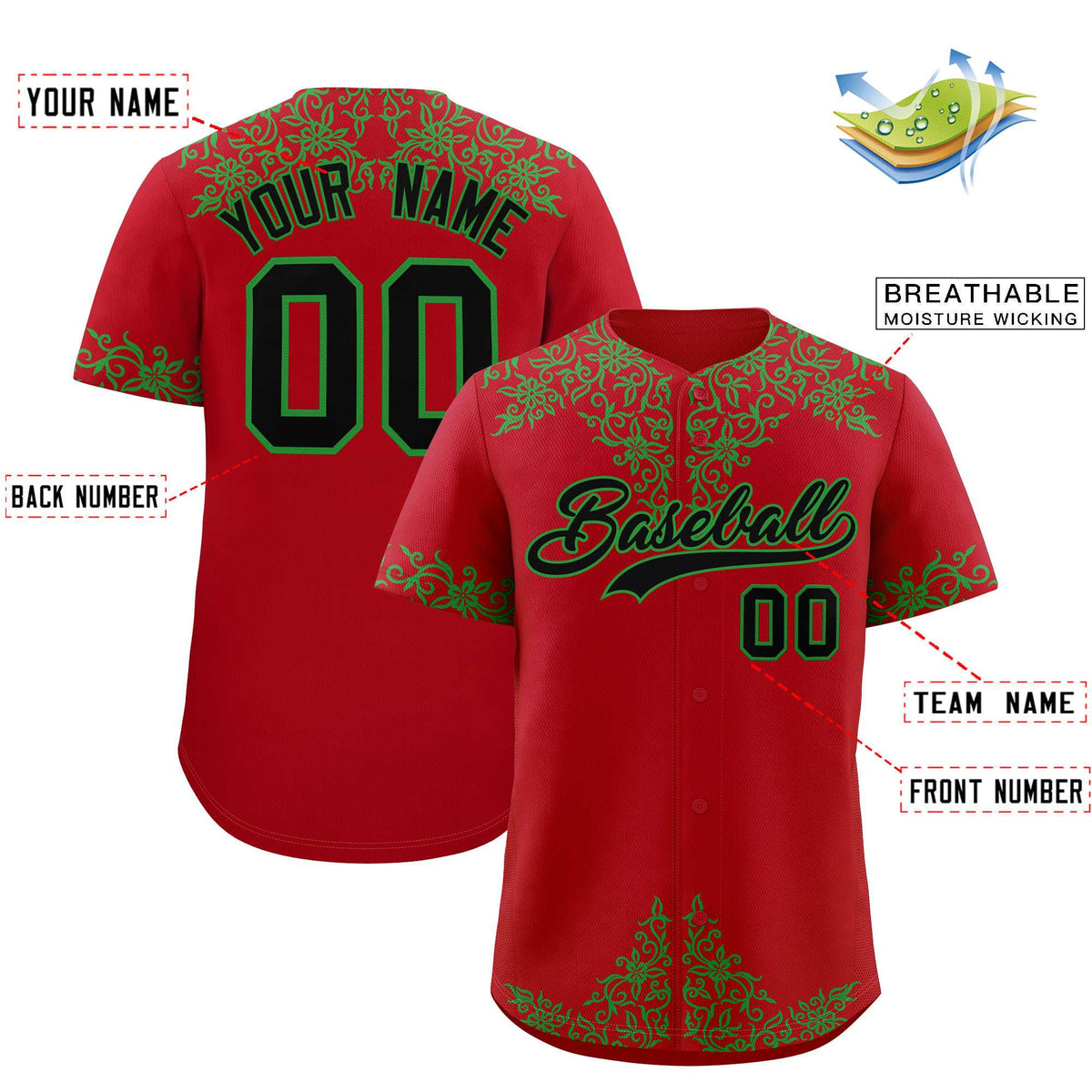 Custom Red Kelly Green Baroque Style Personalized Baseball Jersey