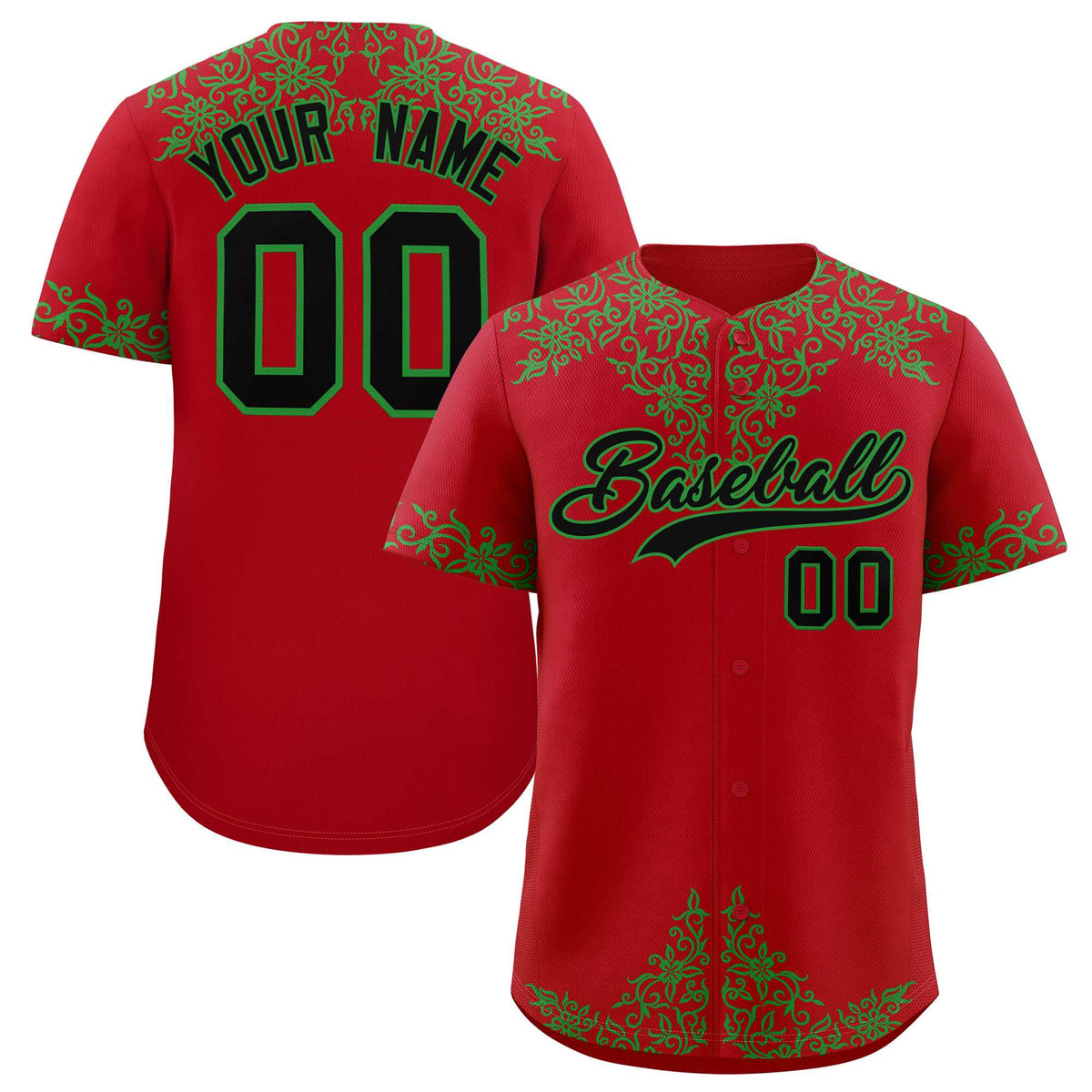 Custom Red Kelly Green Baroque Style Personalized Baseball Jersey