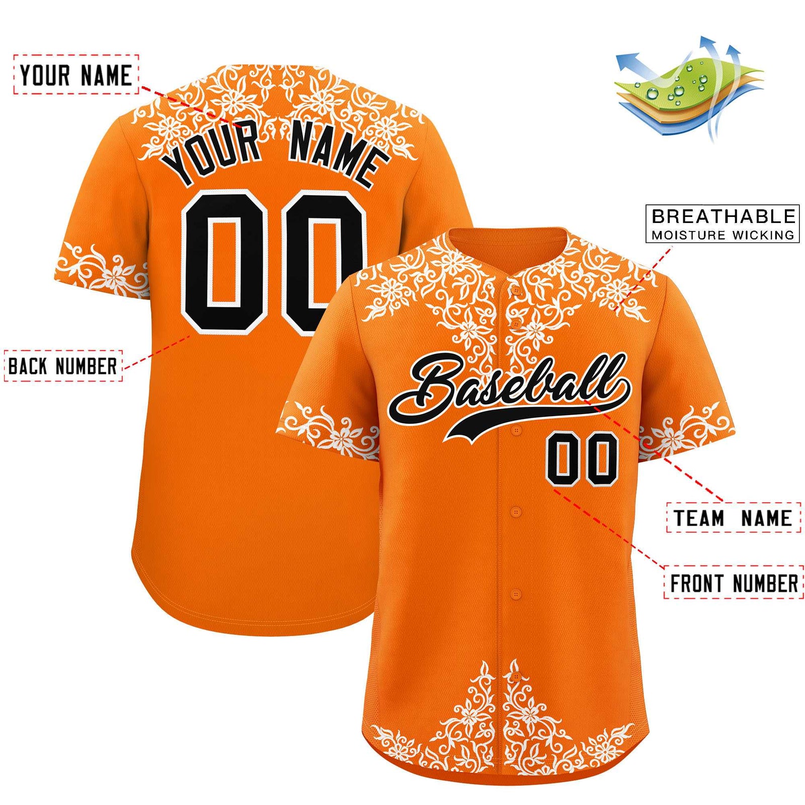 Custom Orange White Baroque Style Personalized Baseball Jersey