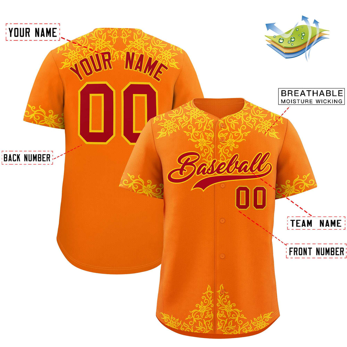 Custom Orange Gold Baroque Style Personalized Baseball Jersey
