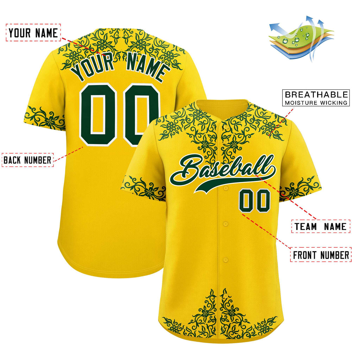 Custom Gold Green Baroque Style Personalized Baseball Jersey