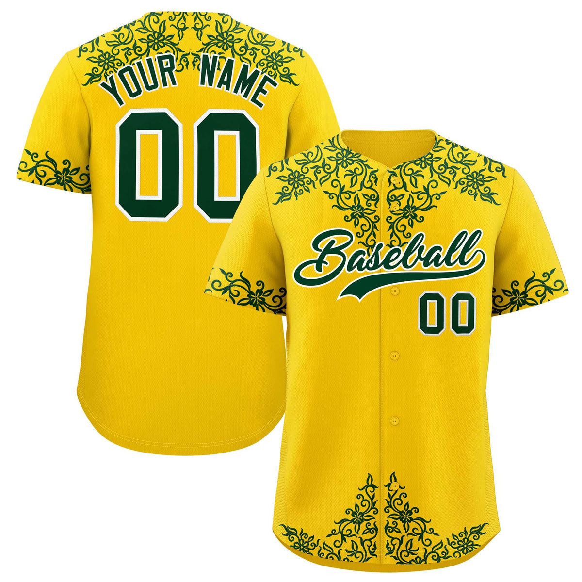 Custom Gold Green Baroque Style Personalized Baseball Jersey