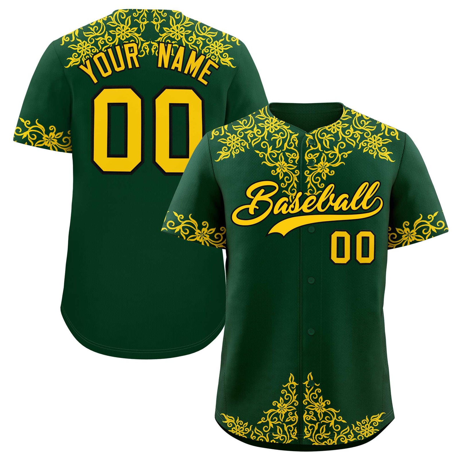 Custom Green Gold Baroque Style Personalized Baseball Jersey