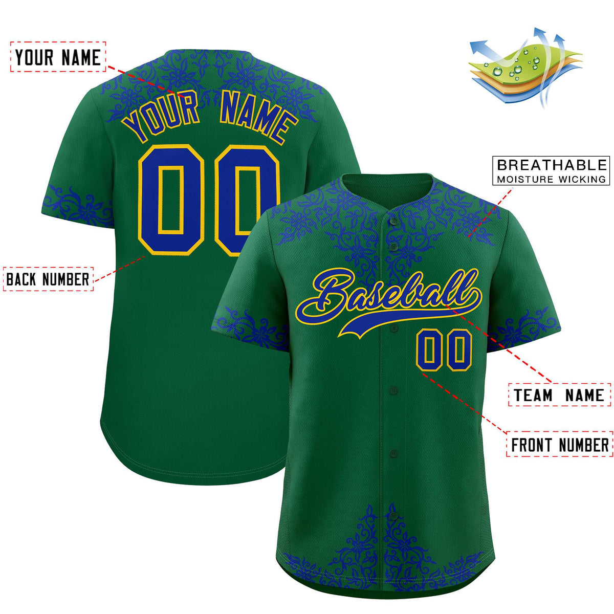 Custom Kelly Green Royal Baroque Style Personalized Baseball Jersey