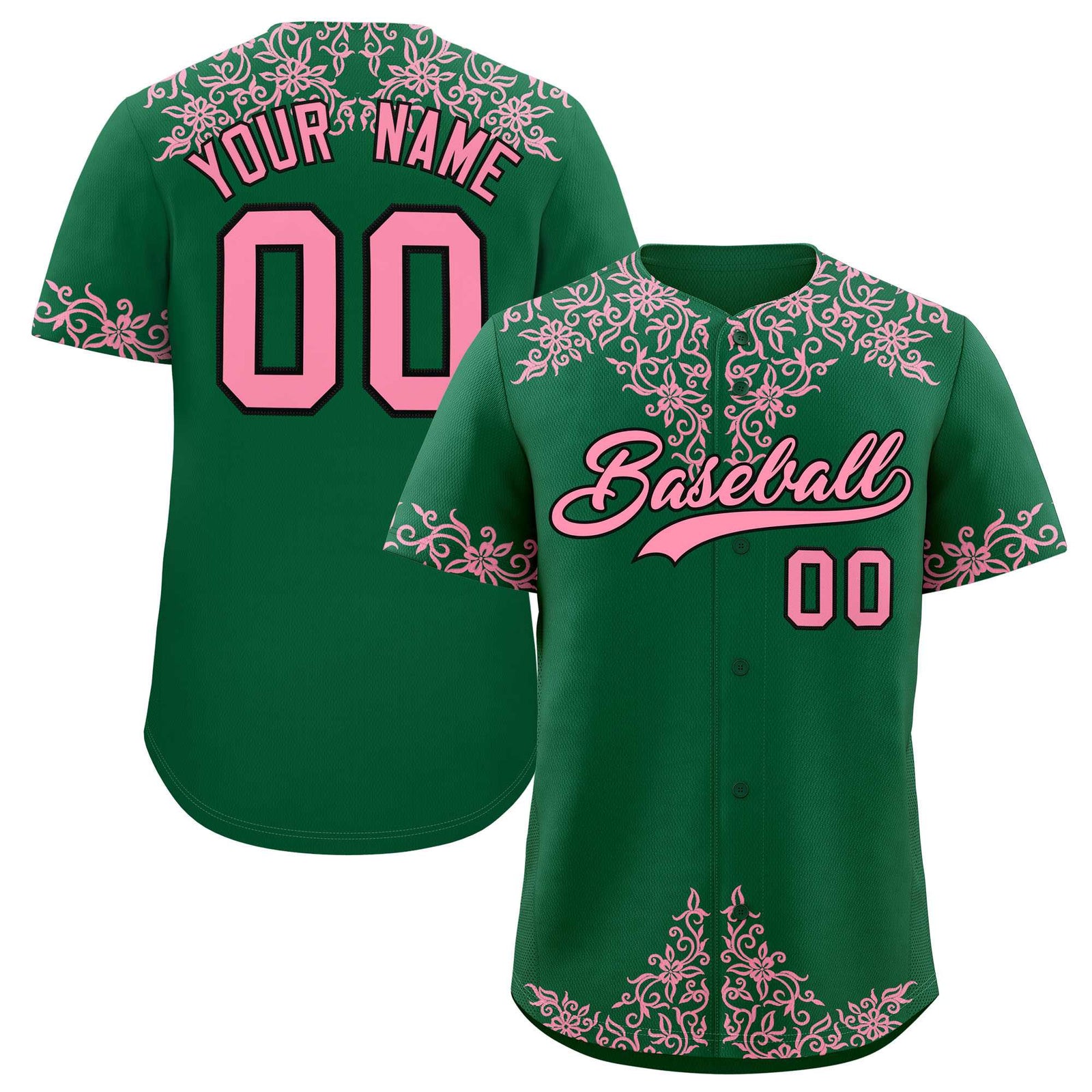 Custom Kelly Green Light Pink Baroque Style Personalized Baseball Jersey