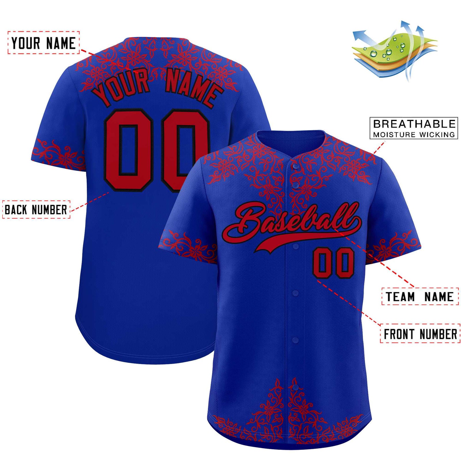 Custom Royal Red Baroque Style Personalized Baseball Jersey