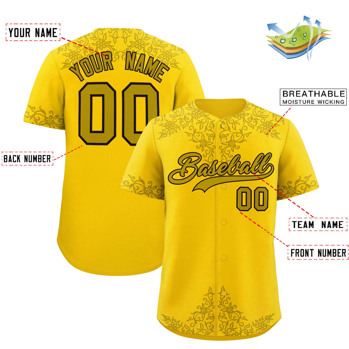 Custom Gold Old Gold Baroque Style Personalized Baseball Jersey