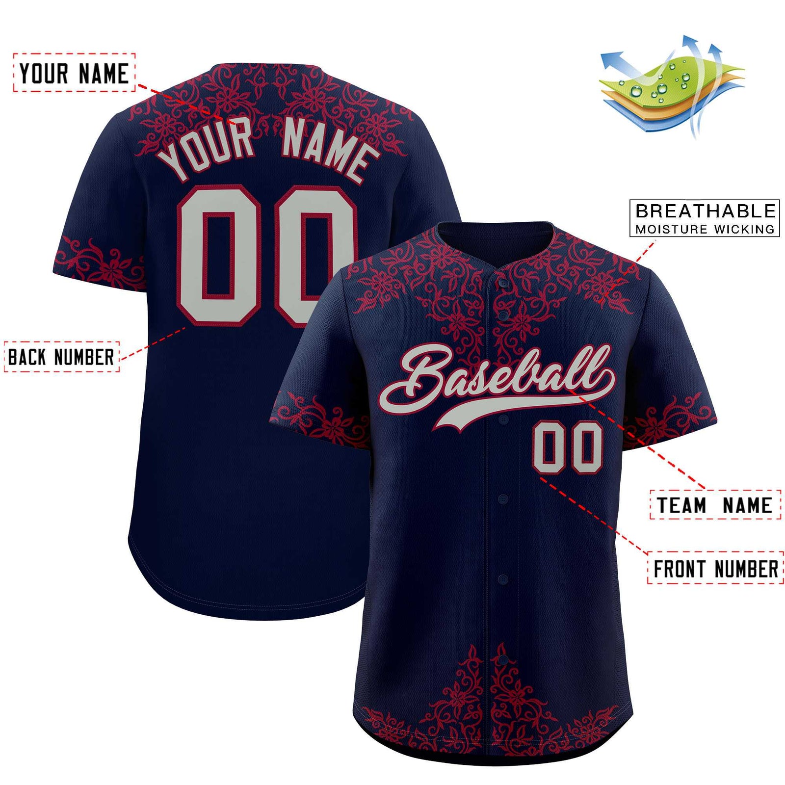 Custom Navy Crimson Baroque Style Personalized Baseball Jersey