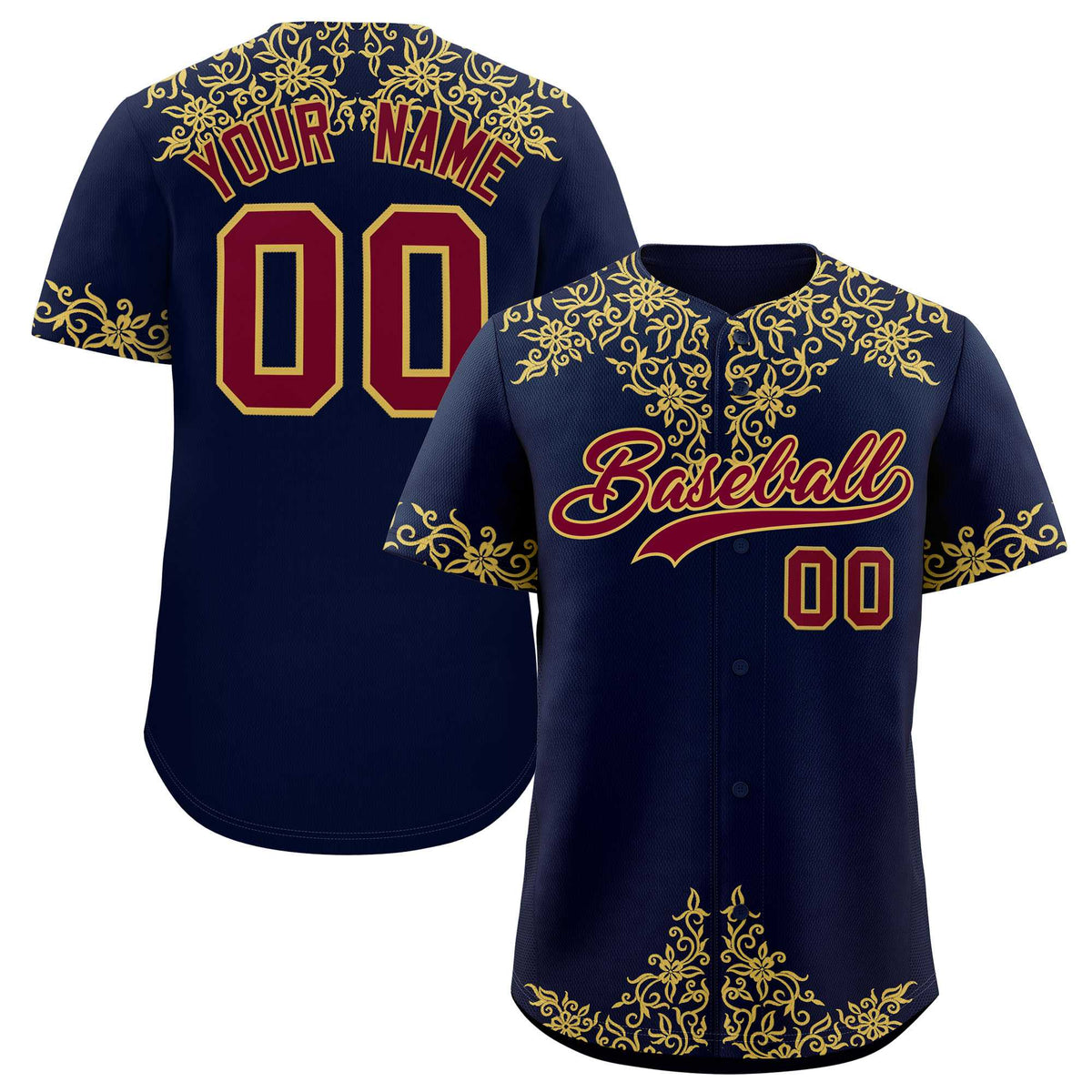 Custom Navy Old Gold Baroque Style Personalized Baseball Jersey