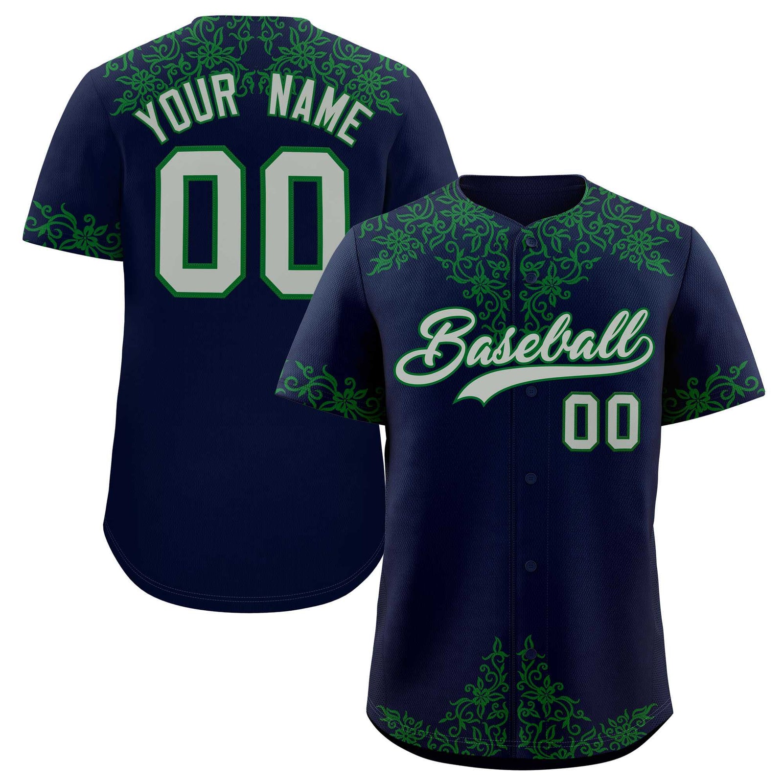 Custom Navy Kelly Green Baroque Style Personalized Baseball Jersey