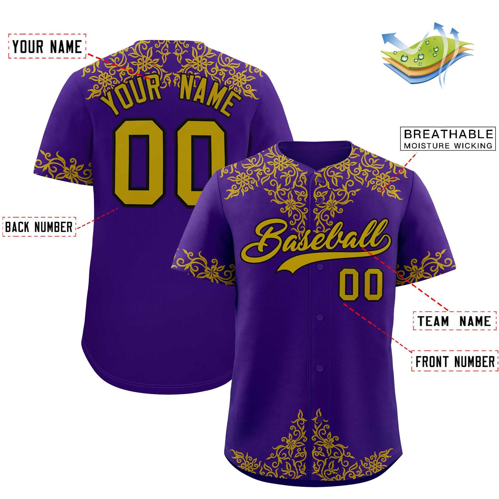 Custom Purple Old Gold Baroque Style Personalized Baseball Jersey