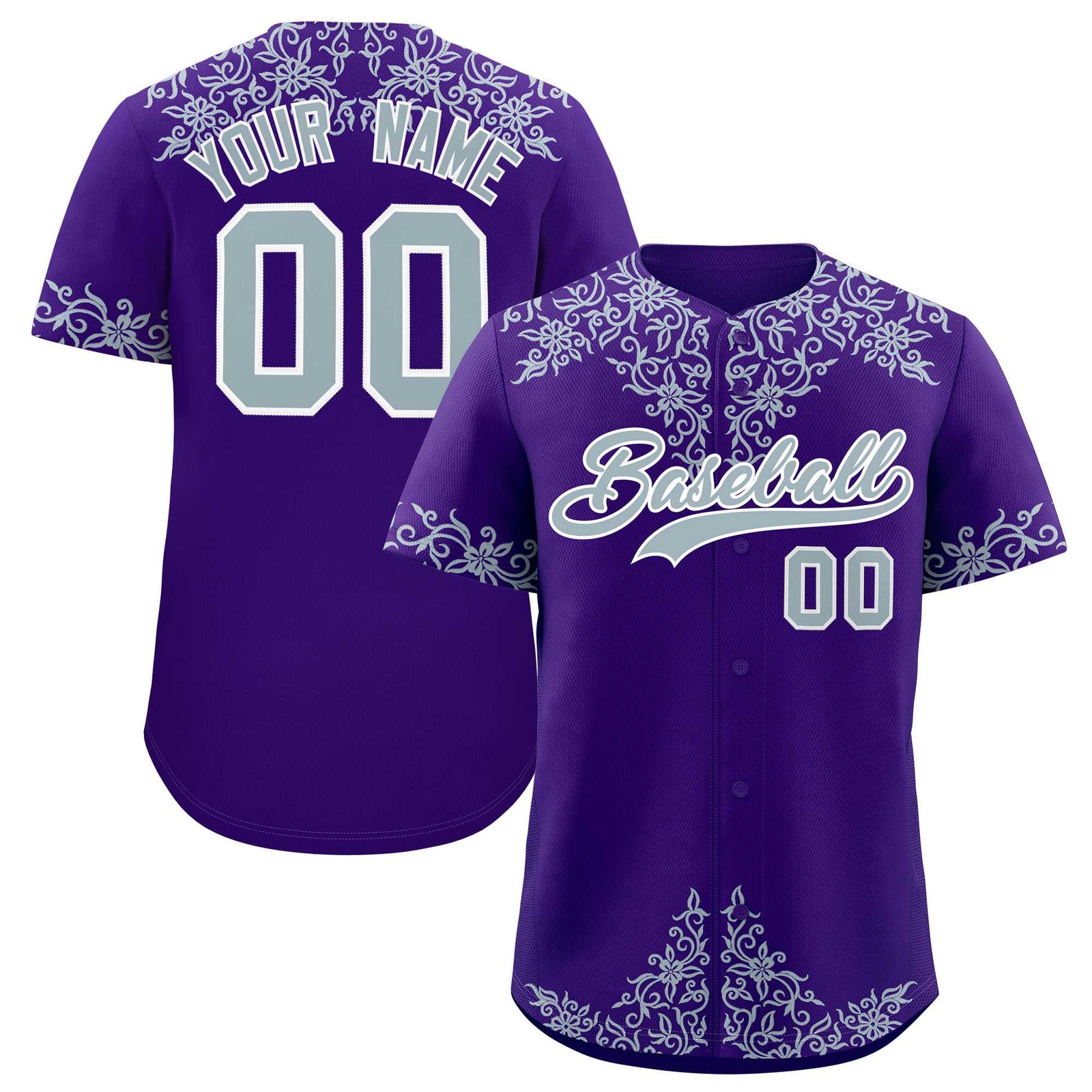 Custom Purple Silver Baroque Style Personalized Baseball Jersey