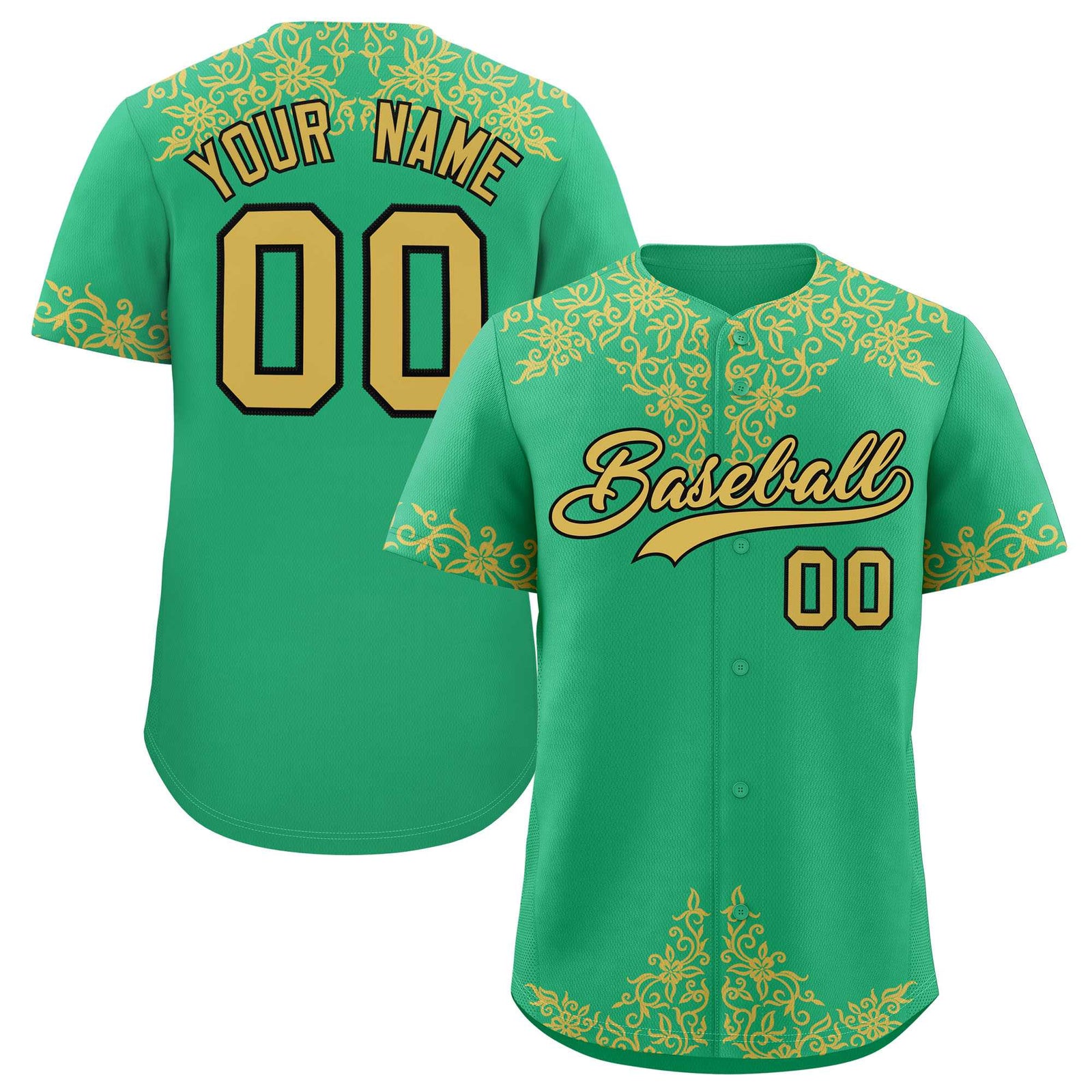 Custom Bright Green Old Gold Baroque Style Personalized Baseball Jersey