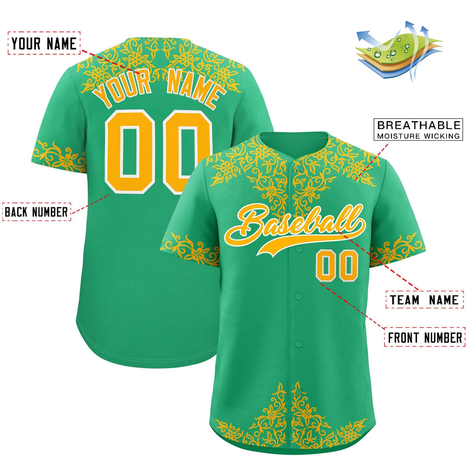 Custom Bright Green Gold Baroque Style Personalized Baseball Jersey