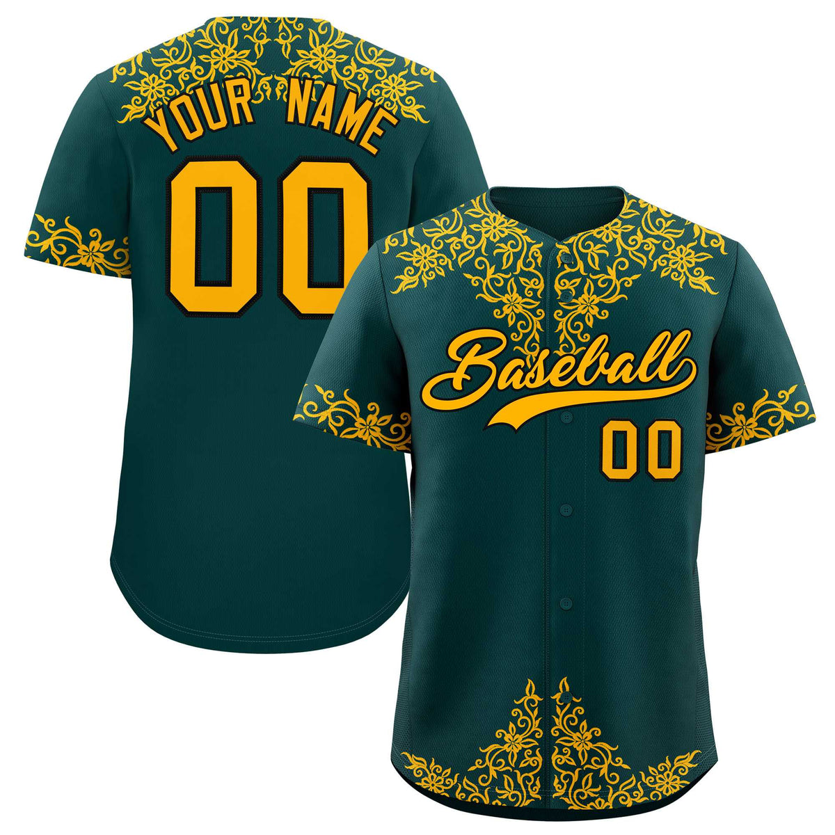 Custom Midnight Green Gold Baroque Style Personalized Baseball Jersey