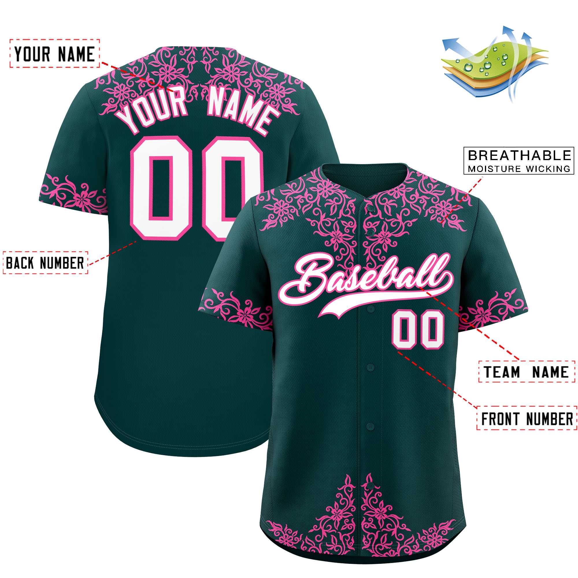 Custom Midnight Green Pink Baroque Style Personalized Baseball Jersey