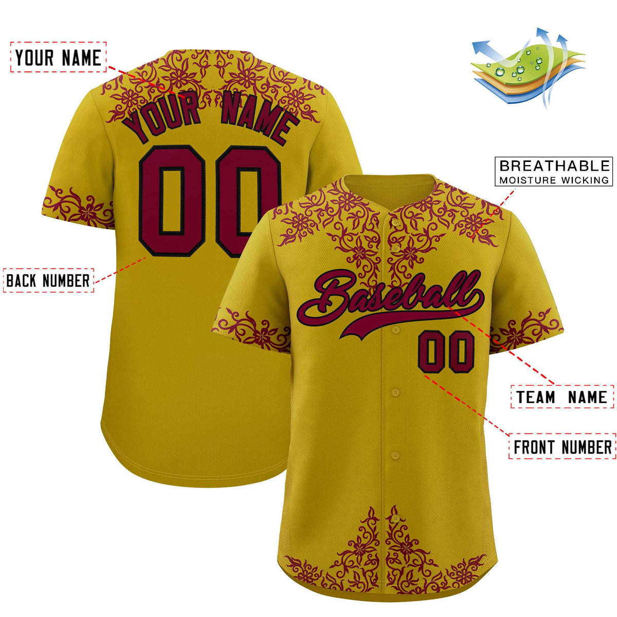 Custom Old Gold Crimson Baroque Style Personalized Baseball Jersey