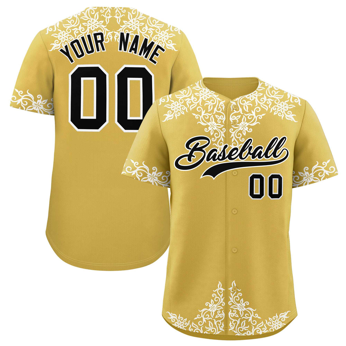 Custom Old Gold White Baroque Style Personalized Baseball Jersey
