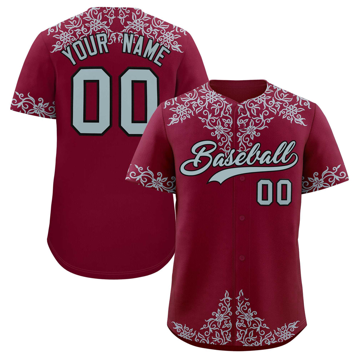 Custom Crimson Silver Baroque Style Personalized Baseball Jersey