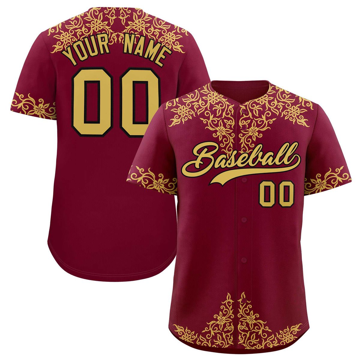Custom Crimson Old Gold Baroque Style Personalized Baseball Jersey