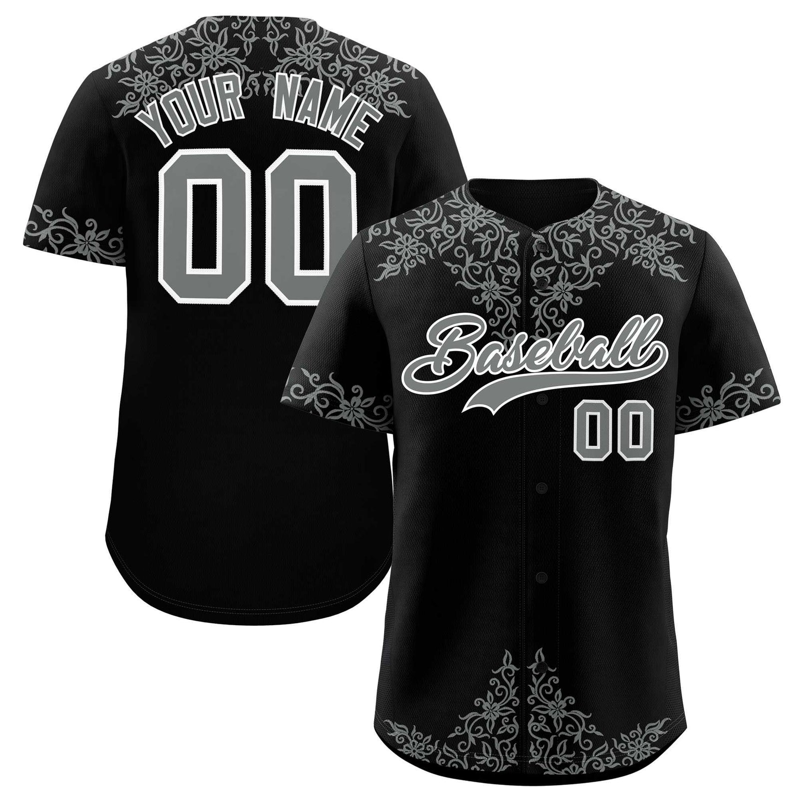 Custom Black Gray Baroque Style Personalized Baseball Jersey