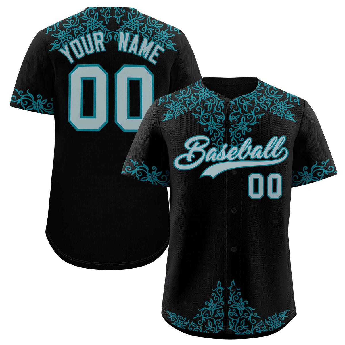 Custom Black Teal Baroque Style Personalized Baseball Jersey