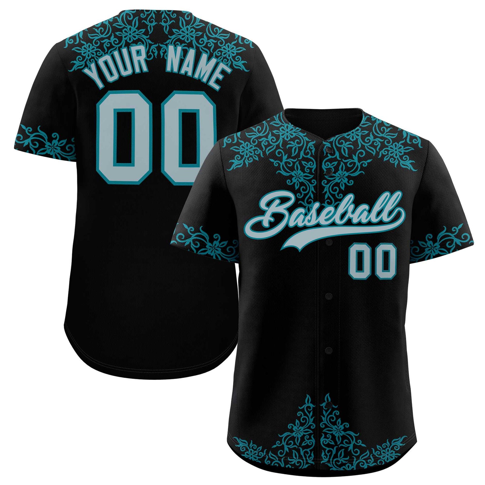 Custom Black Teal Baroque Style Personalized Baseball Jersey
