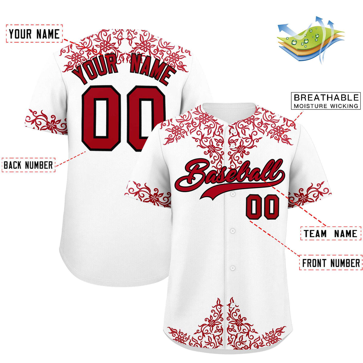 Custom White Red Baroque Style Personalized Baseball Jersey