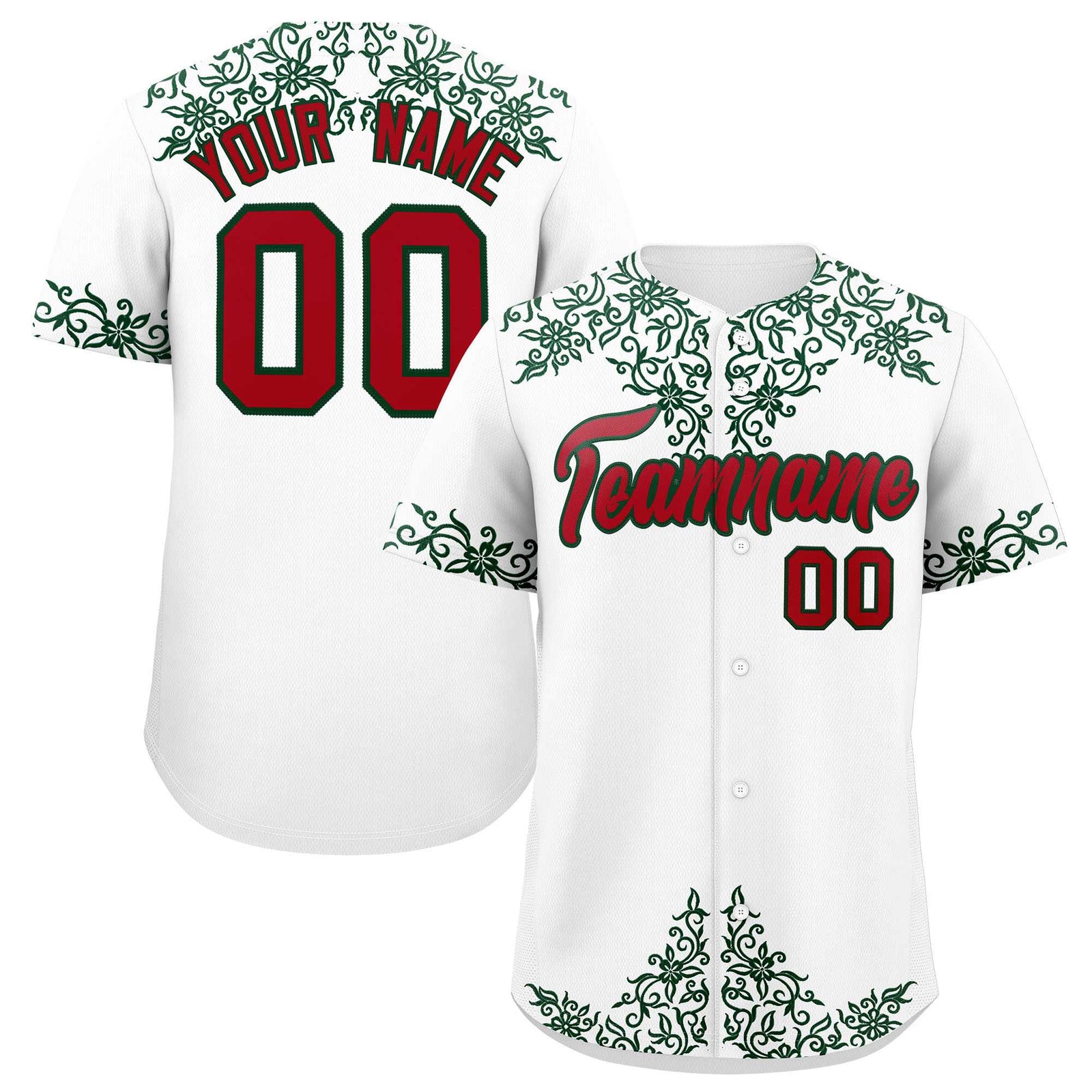 Custom White Green Baroque Style Personalized Baseball Jersey