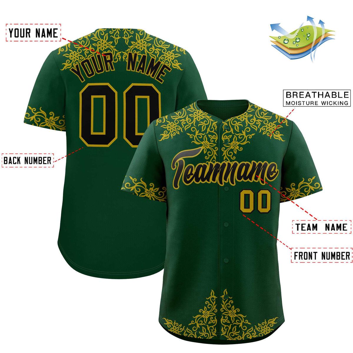 Custom Green Old Gold Baroque Style Personalized Baseball Jersey