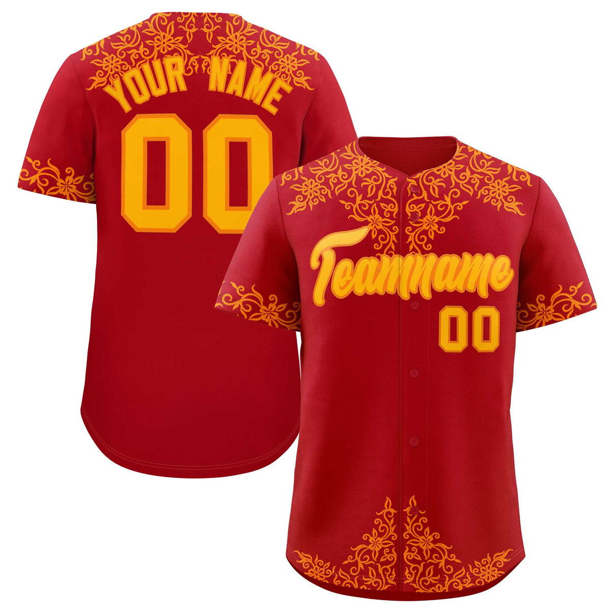 Custom Red Yellow Baroque Style Personalized Baseball Jersey