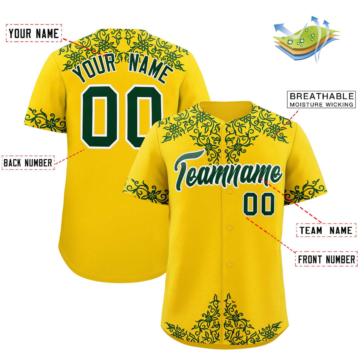 Custom Gold Green Baroque Style Personalized Baseball Jersey