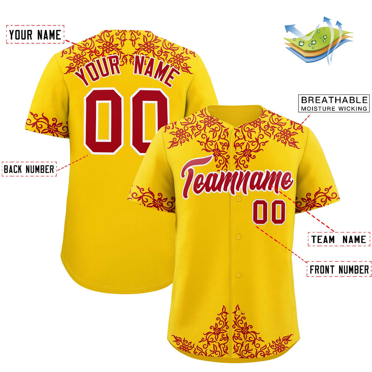 Custom Gold Red Baroque Style Personalized Baseball Jersey
