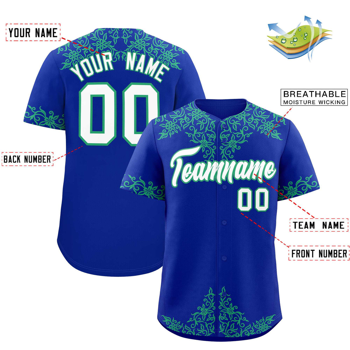 Custom Royal Bright Green Baroque Style Personalized Baseball Jersey