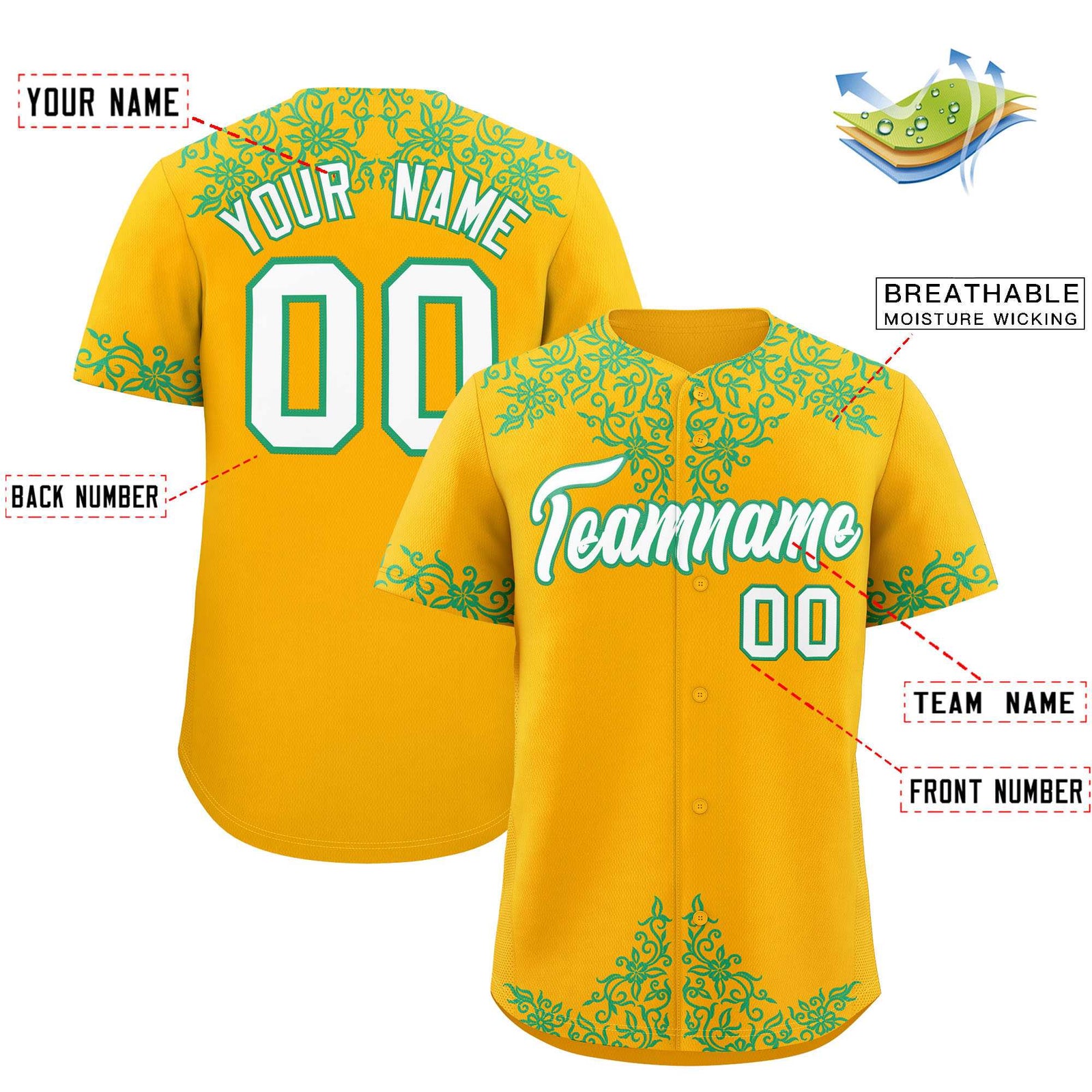 Custom Yellow Bright Green Baroque Style Personalized Baseball Jersey