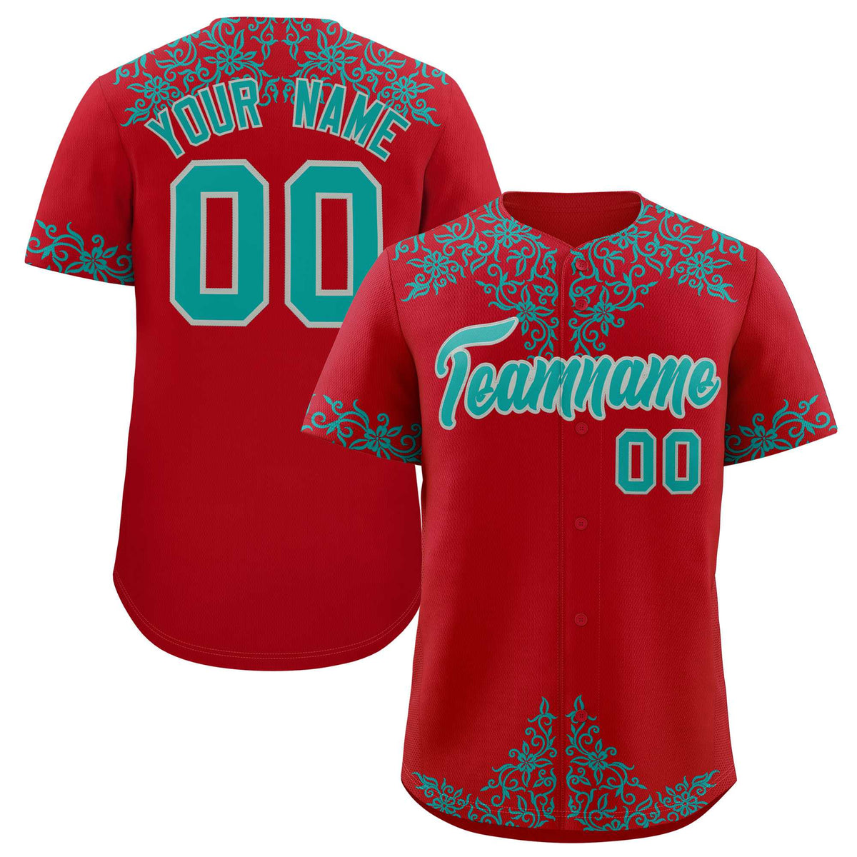 Custom Red Teal Baroque Style Personalized Baseball Jersey
