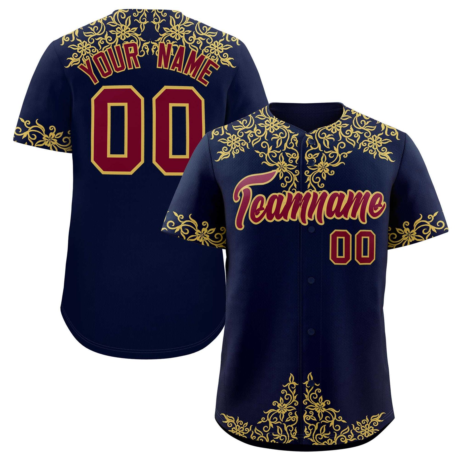 Custom Navy Old Gold Baroque Style Personalized Baseball Jersey