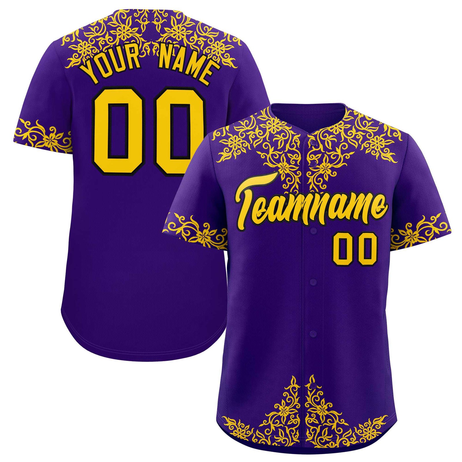 Custom Purple Gold Baroque Style Personalized Baseball Jersey