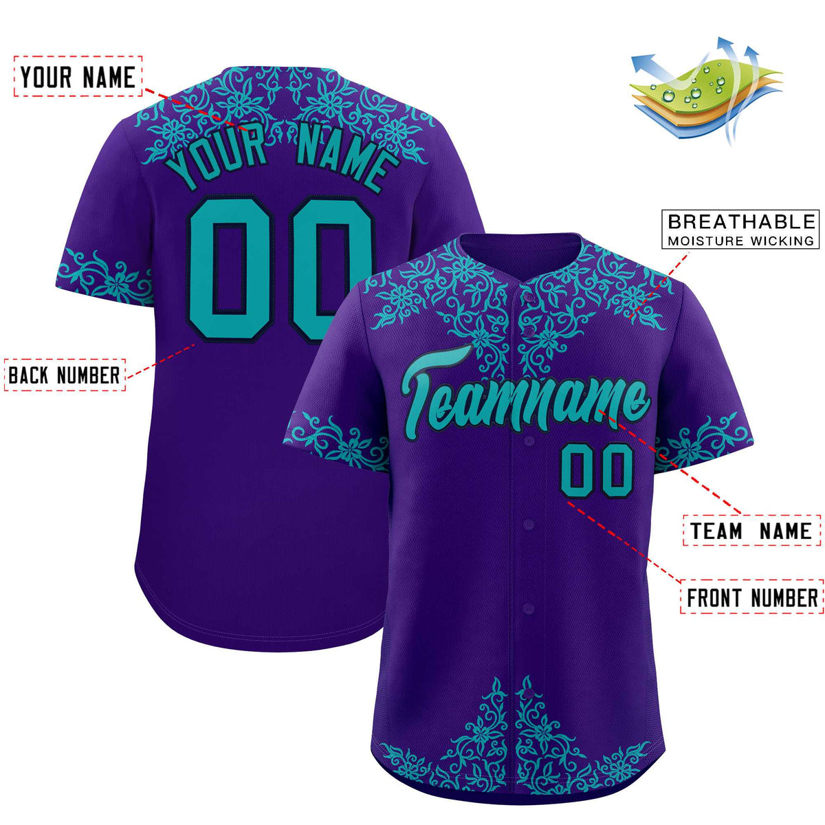 Custom Purple Aqua Baroque Style Personalized Baseball Jersey