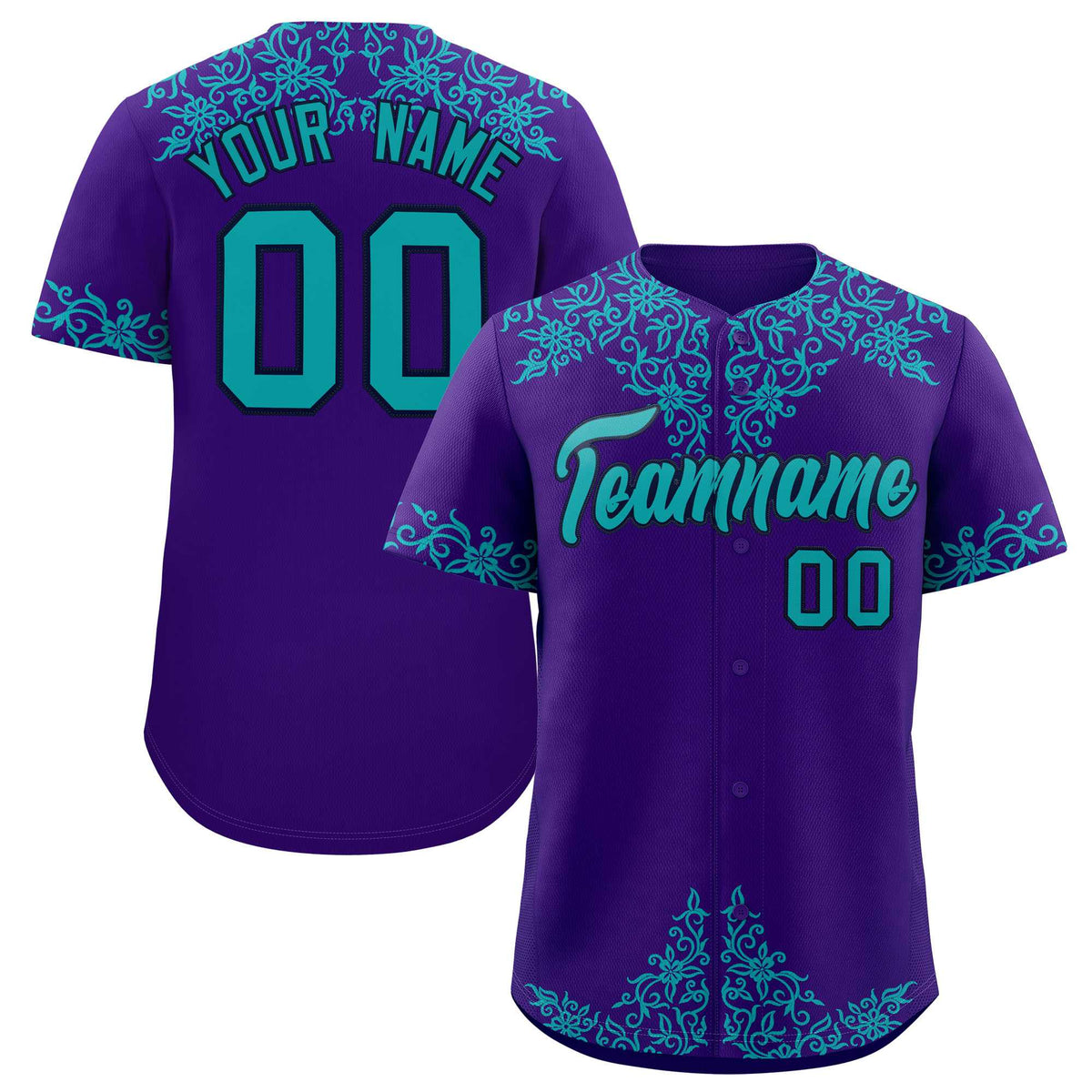 Custom Purple Aqua Baroque Style Personalized Baseball Jersey