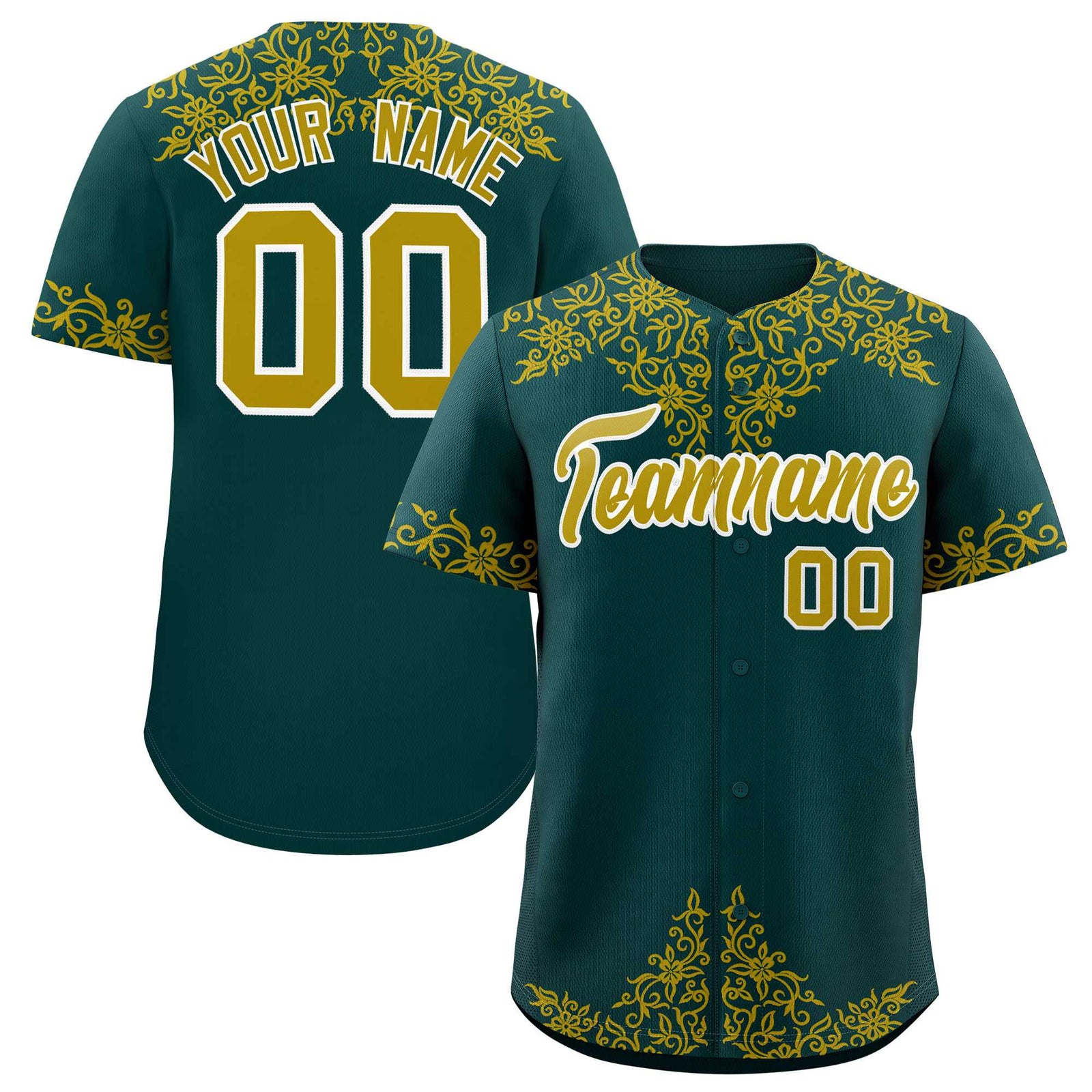 Custom Midnight Green Old Gold Baroque Style Personalized Baseball Jersey