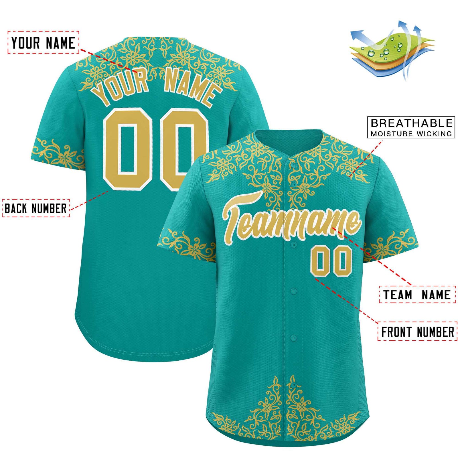 Custom Aqua Old Gold Baroque Style Personalized Baseball Jersey